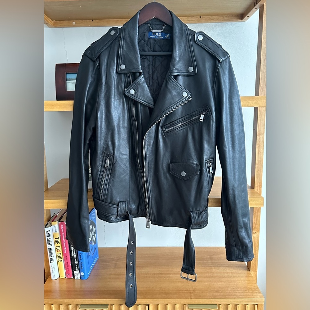 Polo Ralph Lauren Black Leather Biker Jacket - 100% Sheep Leather - size L - Picture 5 of 9